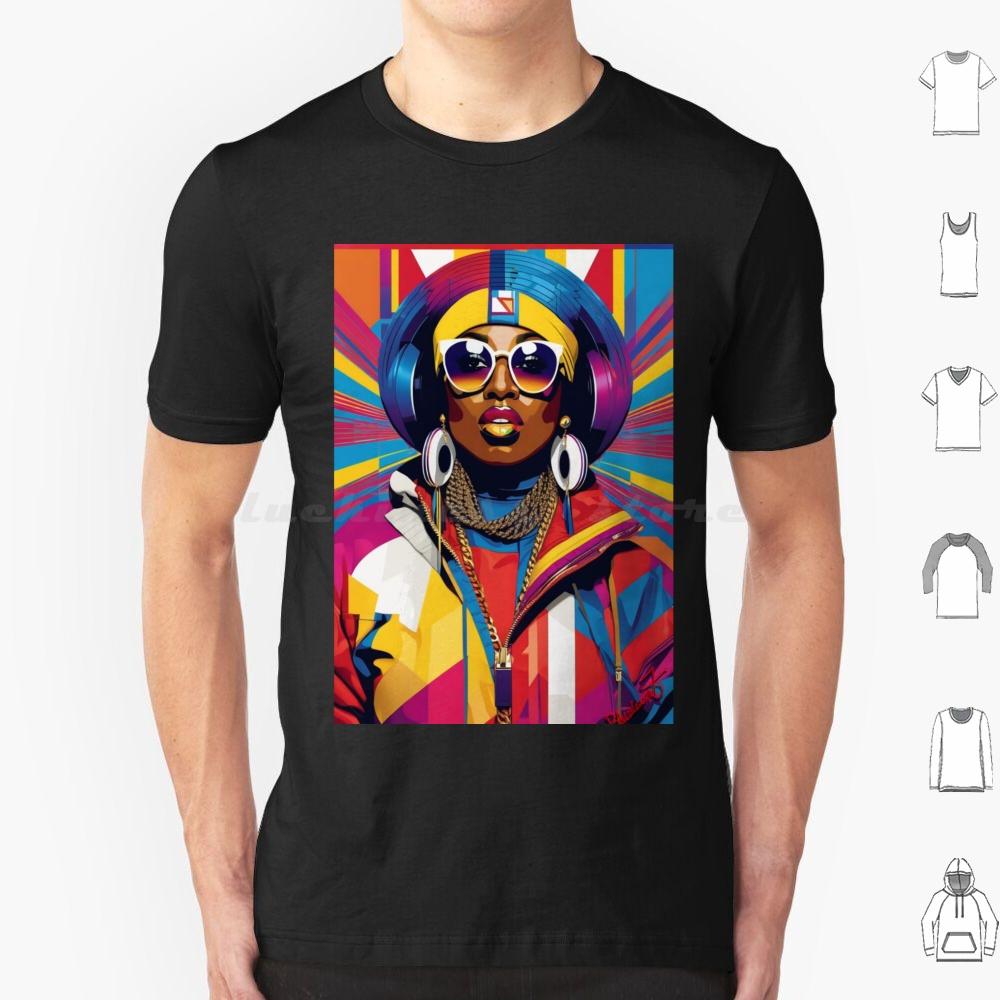 Missy Elliot T Shirt 6xl Cotton Cool Tee Portrait Woman Headphones Sunglasses Fashion Vibrant Colorful Geometric Style Missy