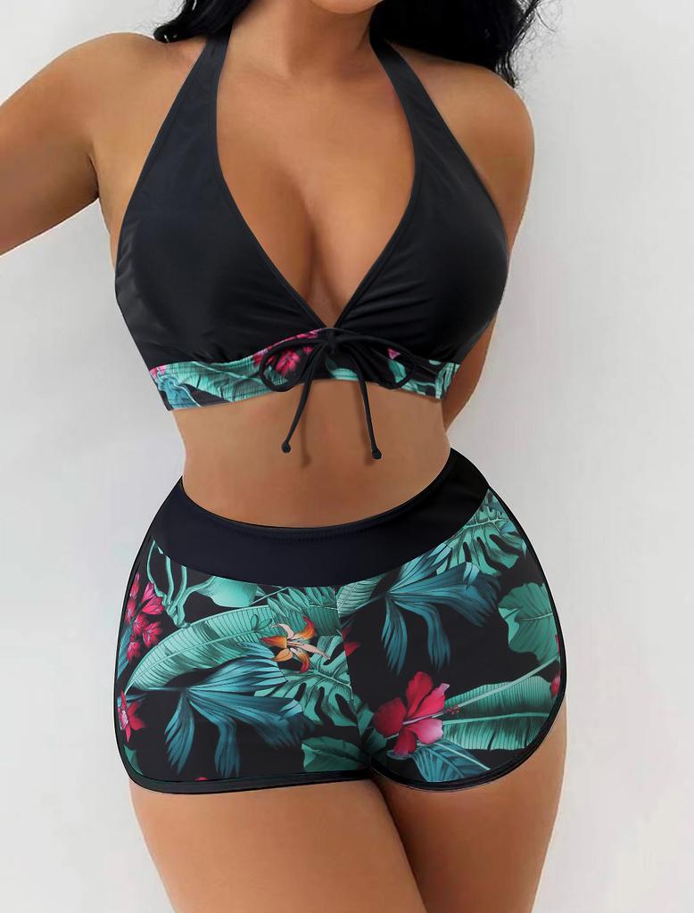 Swimsuit Women's split high waist flat angle strap print solid color splicing Internet celebrity swimsuit