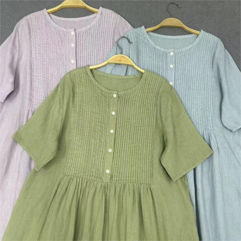 Johnature Летние японские платья-гармошки со складками, повседневные ретро простые женские платья с короткими рукавами