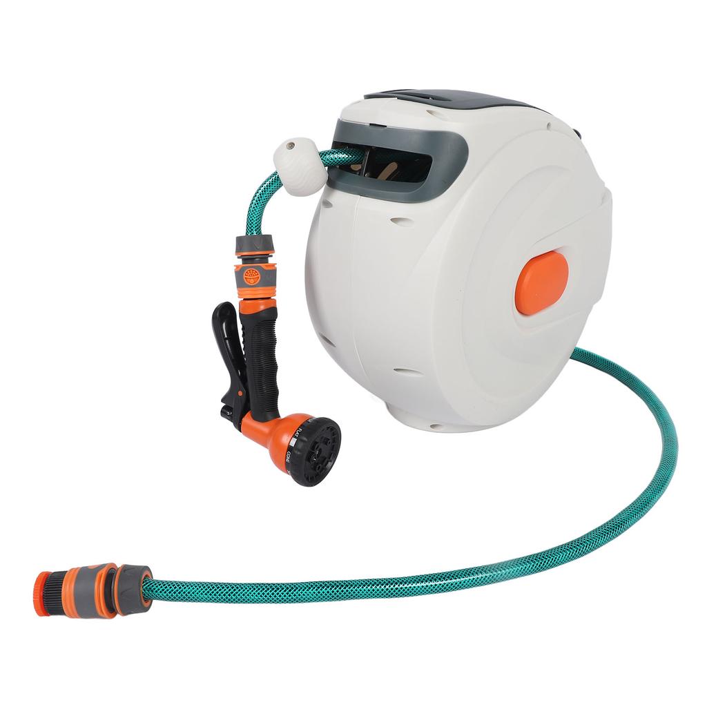 Retractable Garden Hose Reel Free Standing Wall Mount with Sprayer Nozzle Any Length Lock Slow Return 180 degrees