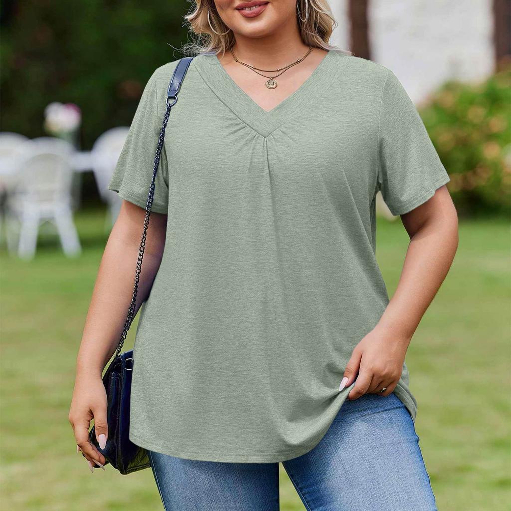 Женская модная повседневная свободная блузка большого размера с коротким рукавом, элегантная с V-образным вырезом, для работы