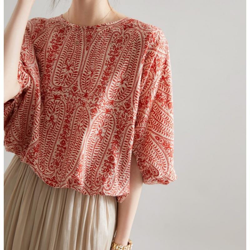 Элегантные блузки, женские винтажные рубашки с бантом и принтом, офисные женские летние корейские повседневные шикарные топы с рукавами «летучая мышь»