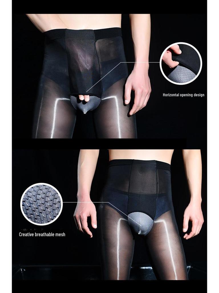 Глянцевые черные шелковые мужские ультратонкие горизонтальные открытые колготки