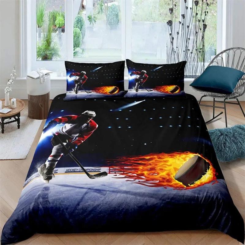 Ice Hockey Sports King Queen Duvet Cover Burning Hockey Ball Bedding Collection For Teens Athlete Black 23Pcs Polyester Quilt Cover