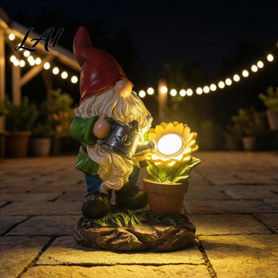 Decorative Lawn Ornaments for Yard Solar Sunflower Gnome Garden Statue with LED Lights Waterproof Resin Figurine Weatherproof Patio Outdoor Decor And