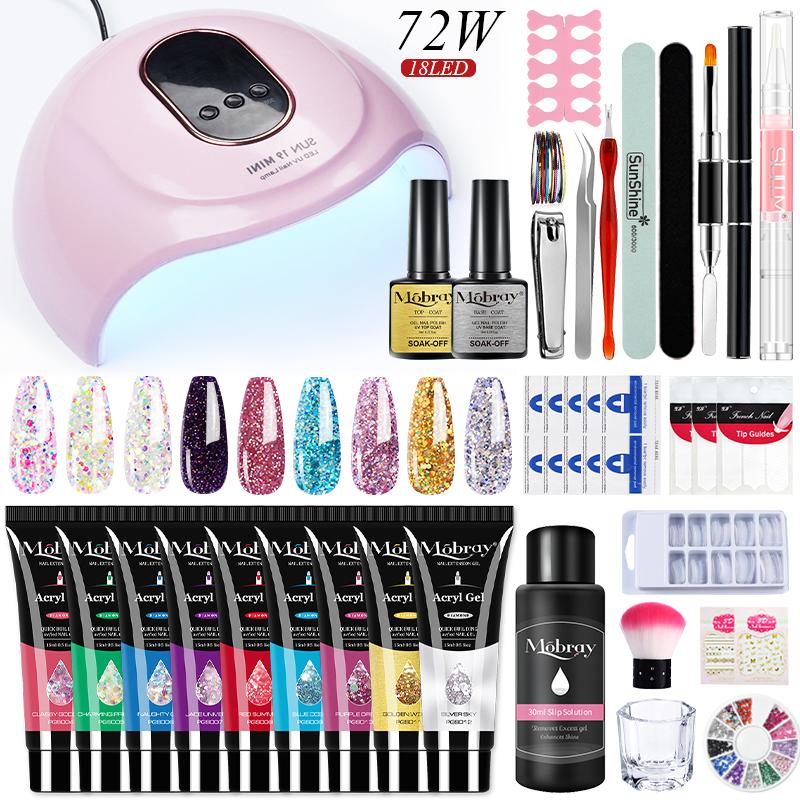 Mobray Poly Nail Gel Set Nail Extension Glitter Gel With 72/6W UV LED Lamp Nail Building Jelly Nail Gel Polish Set Manicure Tool