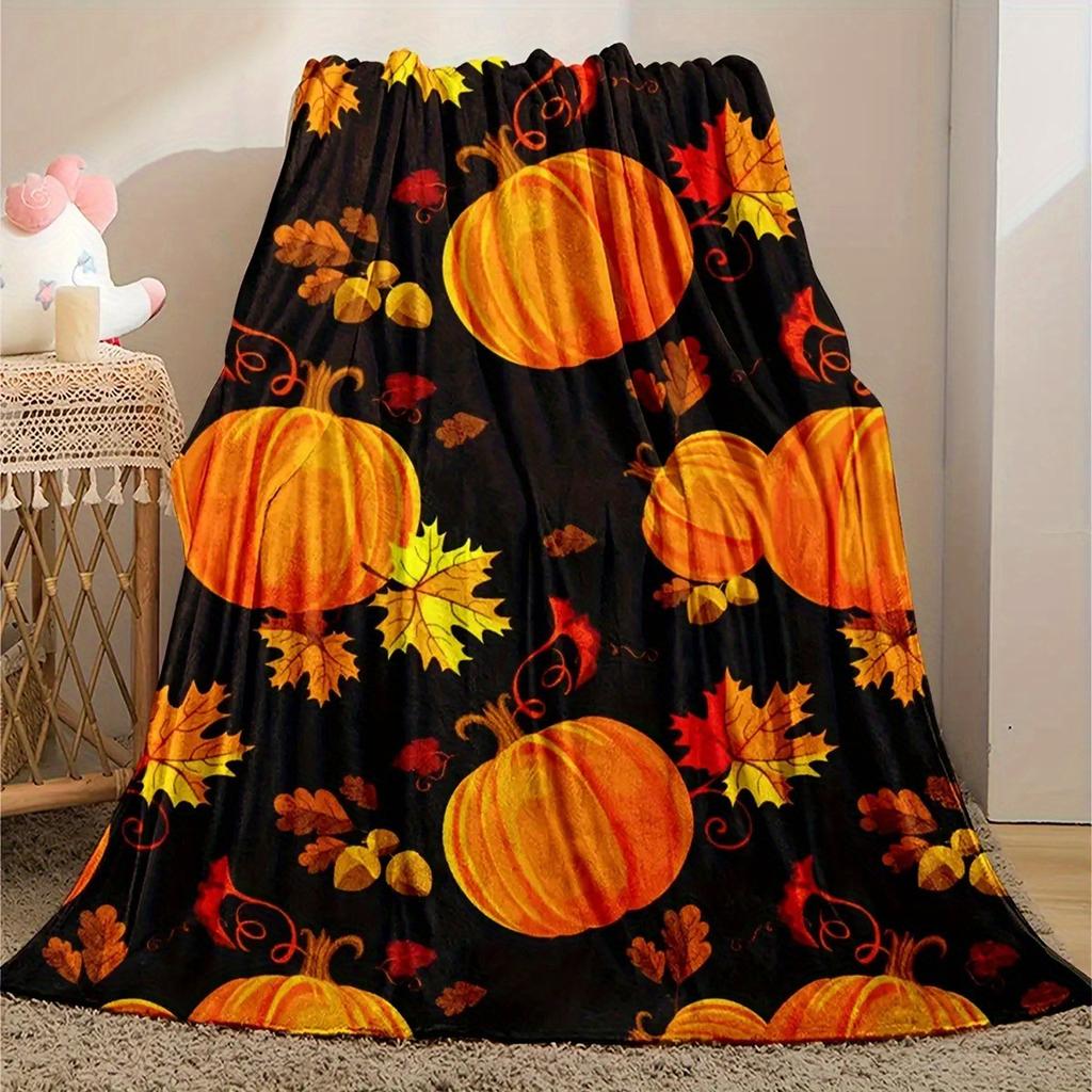 Autumn Harvest Pumpkin Print Flannel Throw Blanket Soft Cozy Bed Sofa Cover, Decorative Warm Fleece Lightweight Rug for Fall Home Decor