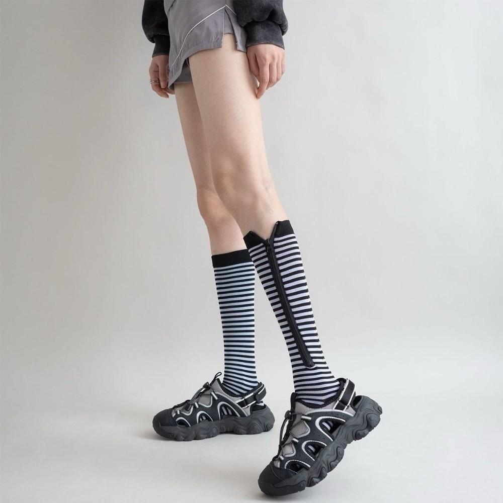 Retro Stripe Pressure Socks Soft Elastic Compress Zipper Socks Sweat-Absorbing Breathable Cycling Sports Socks Outdoor Exercise