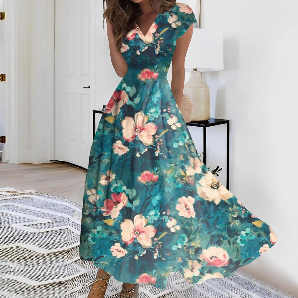 Женское длинное платье Макси-платье Повседневное платье Летнее повседневное платье с короткими рукавами и v-образным вырезом в стиле бохо с талией и принтом