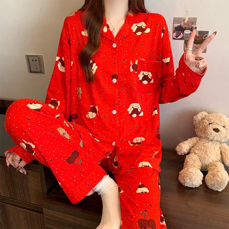 Women's Spring Pajamas Homewear Set for Girls Students Polka Dot Cute Cartoon Long-Sleeved Comfortable Pajamas Homewear Set