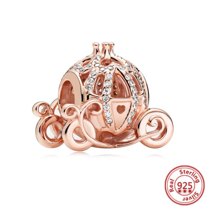 Hot Sale Rose Gold Series Pink Zircon Leaves Heart Pendant Sparkling Clip Bead Fit Charm Bracelet DIY S925 Silver Jewelry