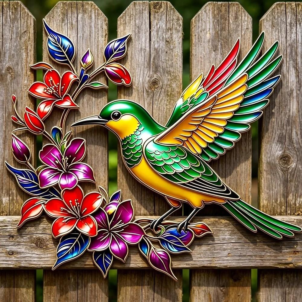 Hand Painted Iron Art Bird Wall Hanging Colorful Flower Colorful Birds Sculpture Balcony Patio