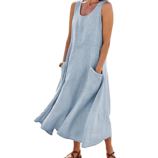 Women Summer Dresss O Neck A-line Loose Hem Sleeveless Pockets Soft Breathable Casual Mid-calf Length Sundress Daily Midi Dress