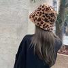 Lamb Wool Fisherman Cap Leopard Print Basin Sun Cap Outdoor Plush Bucket Hat  for Women