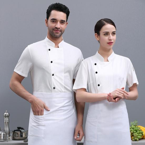 Unisex Chef Shirt Kitchen Single-breasted Short Sleeve Stand Collar Stain-resistant Loose Kitchen Bakery Restaurant Canteen Waiter Top Cook Uniform
