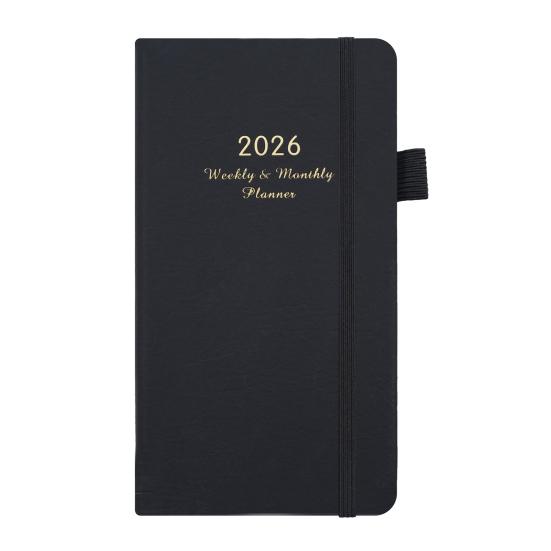 2026 Pocket Planner with Elastic Strap Pen Loop Ribbon Bookmark Weekly Monthly Academic Planner 12 Months Schedule Management Hardcover Notebook
