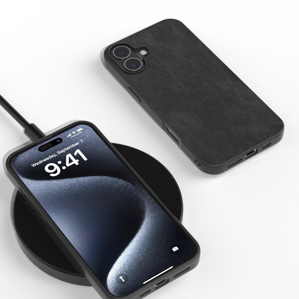Для iPhone 16 Чехол Защита от царапин PU кожа Задняя крышка телефона Черный край