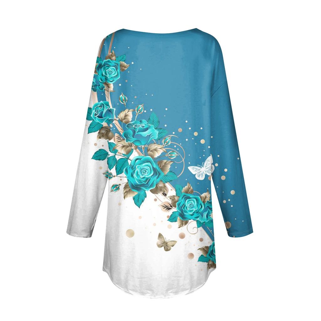 Women's Casual  Plus Size Long Sleeved Round  Printed T-shirt Top Pullover