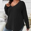 Autumn and Winter Solid Color Plus Size Women's Top V-Neck Long Sleeve Pit Sanding T-Shirt Loose Pullover