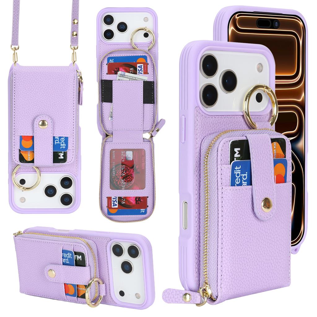 Чехол для iPhone 17 Pro Max с карманом на молнии / Кольцом-подставкой / Ремешком PU с текстурой личи + ТПУ Чехол для телефона