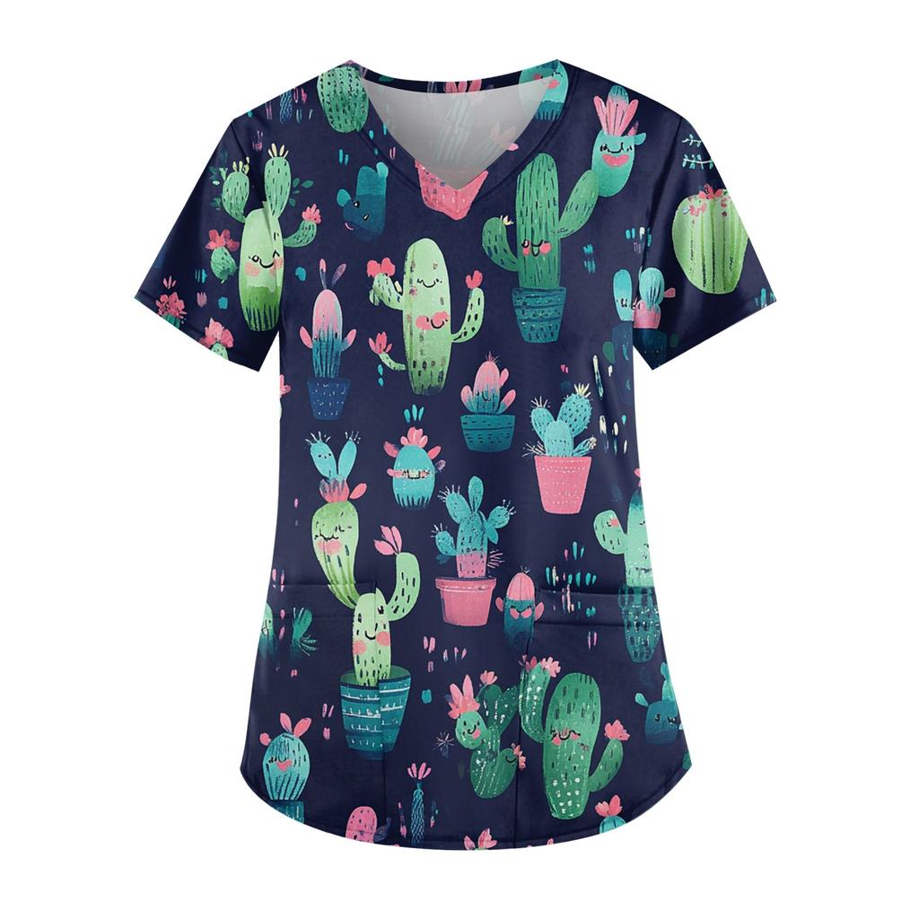 Рабочая форма больших размеров с принтом, топы для женщин, забавные футболки с v-образным вырезом и короткими рукавами, рабочая одежда, футболка с карманами