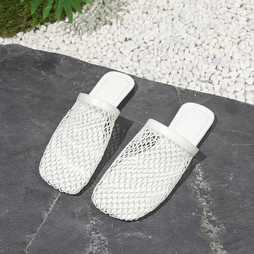 Fish Net Woven Hollow Roman Sandals for Women's Summer New Fisherman Flat Bottomed Round Toe Half Slippers