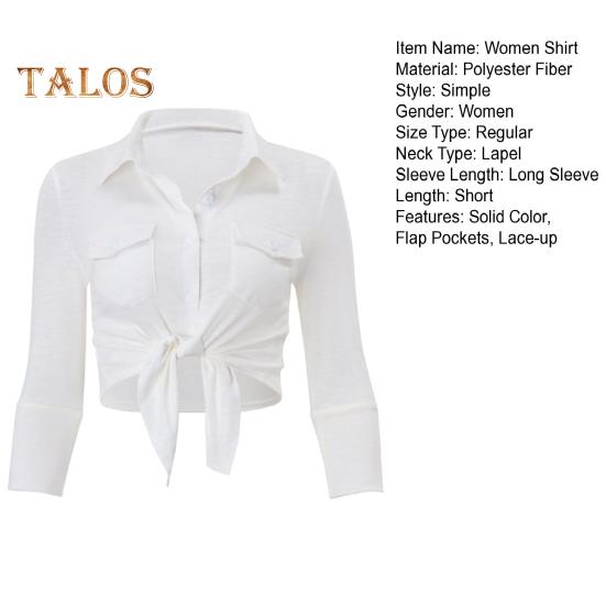 Женская рубашка белого цвета с длинным рукавом, лацканами, завязками, подолами, однотонные короткие повседневные топы для офиса, отпуска, вечеринки, уличной одежды