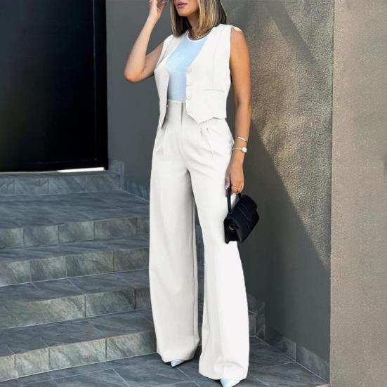 Women Wide Leg Pants with Sleeveless Vest Solid Color High Waist Elegant Lady Baggy Pants Set Casual Streetwear