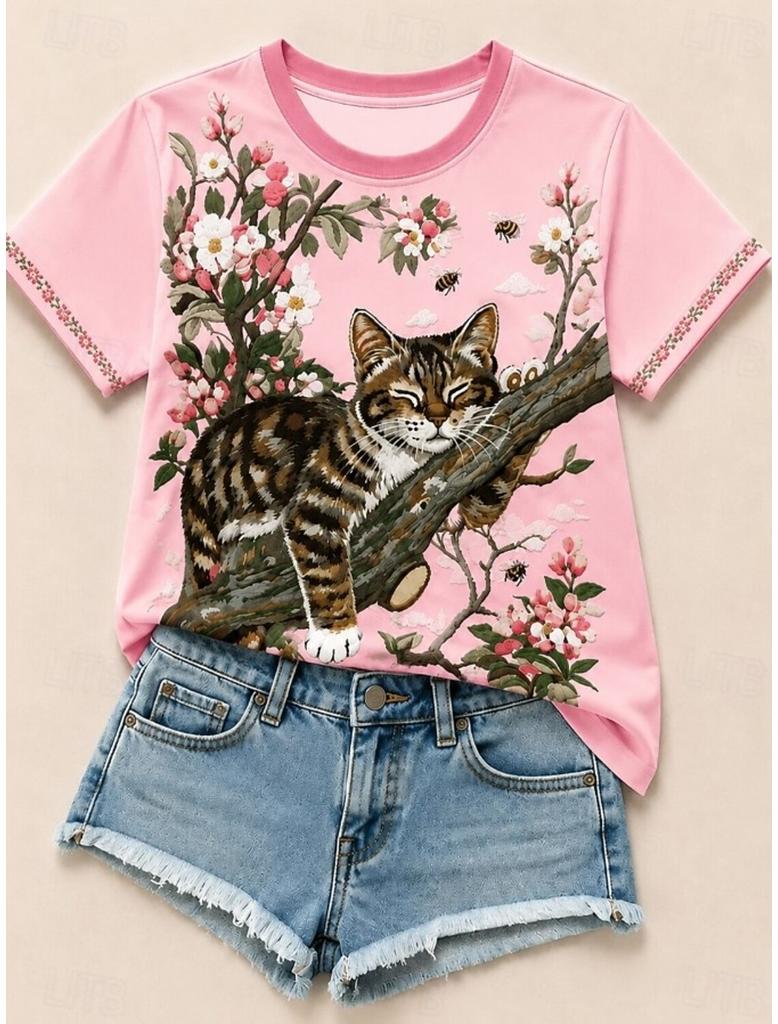 Women's T Shirts Prints Floral Graphic Vintage Stylish Classic Short Sleeve Crew Neck Regular Tops Casual Daily