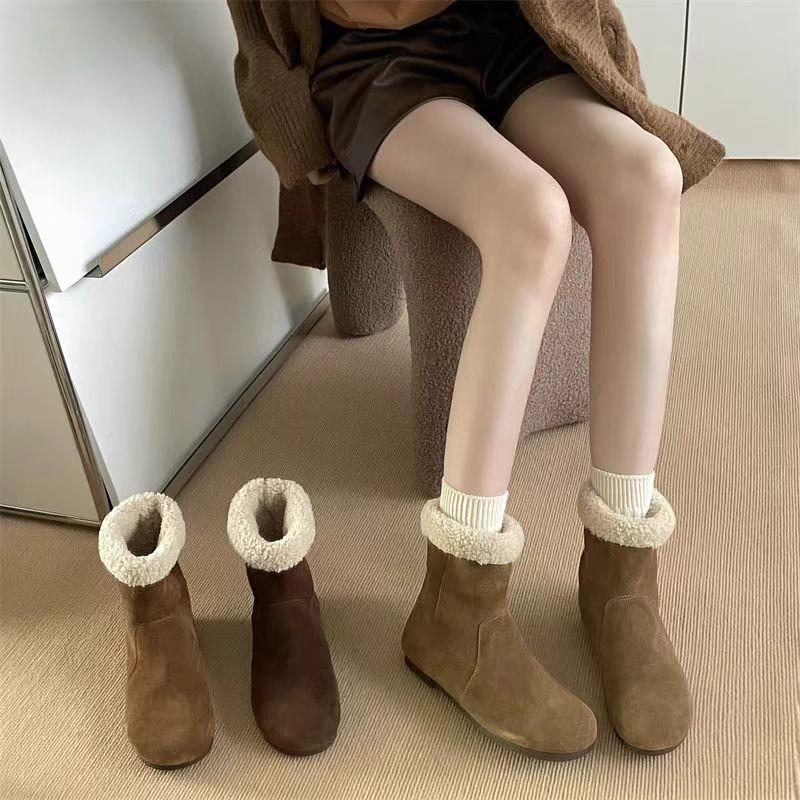 Female Shoes On Sale 2024 Sleeve Women's Boots Winter Suede Round Toe Solid Short Barrel Flat Snow Boots Zapatos De Mujer
