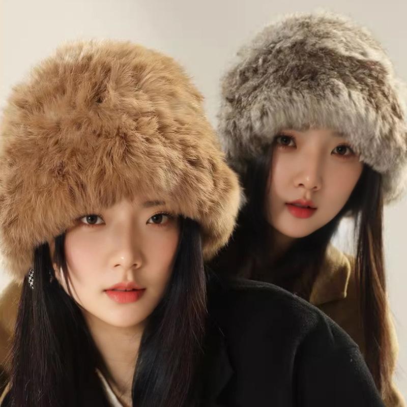 Rabbit Haired Hat Women's Face In Autumn and Winter Small Furry Plush Hat Warm Ear Protection Fur Big Head Fisherman Hat Trend