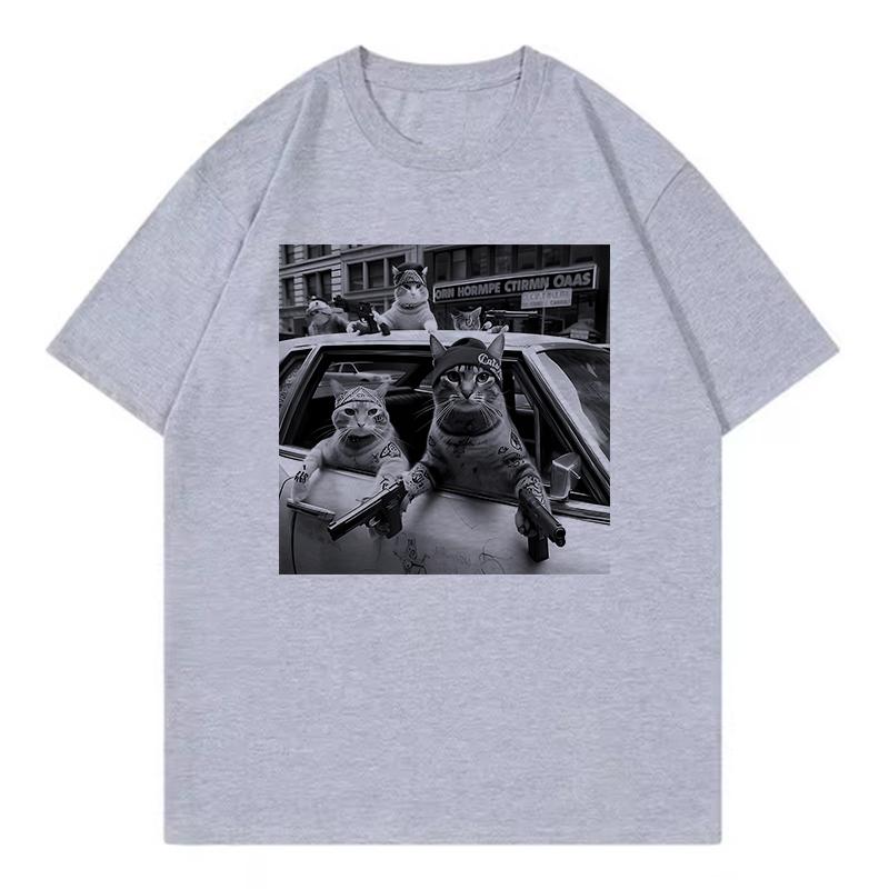 Streetwear Cat Printed Funny T Shirts Unisex Hip Hop Cat Fashion T-shirt Round Neck Short Sleeve Trendy Tee Shirt Streetwear Tops