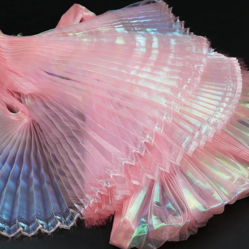 Mermaid Himeji Texture Pleated Fabric Crepe By The Meter for Clothes Stage Decoration Sewing Designer Cloth Glossy White Blue