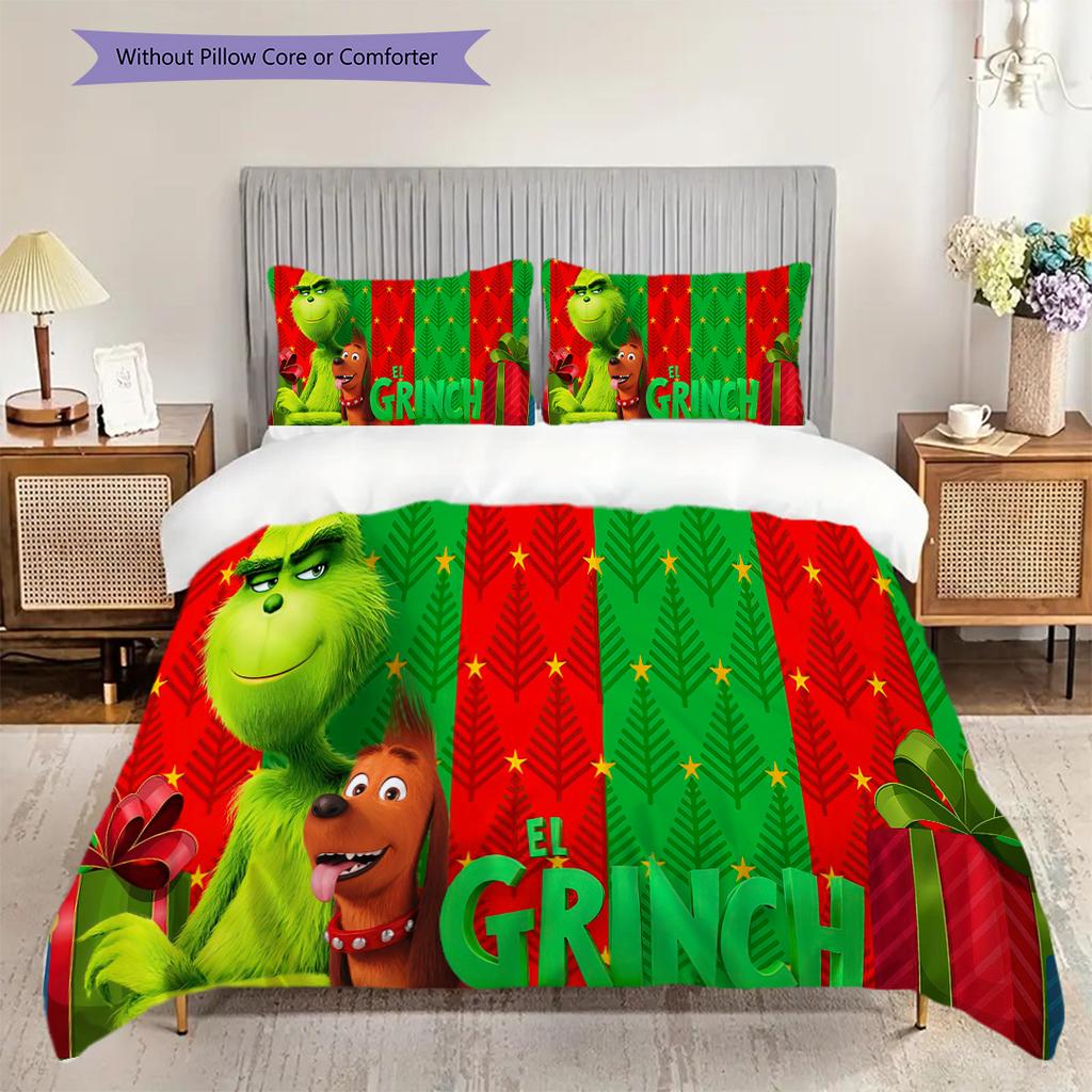 1PC Grinch pattern Bedding Quilt Set Quilt Cover Pillowcase Home Decoration Birthday Gift (1 * duvet cover + 2 * pillowcase, without core)