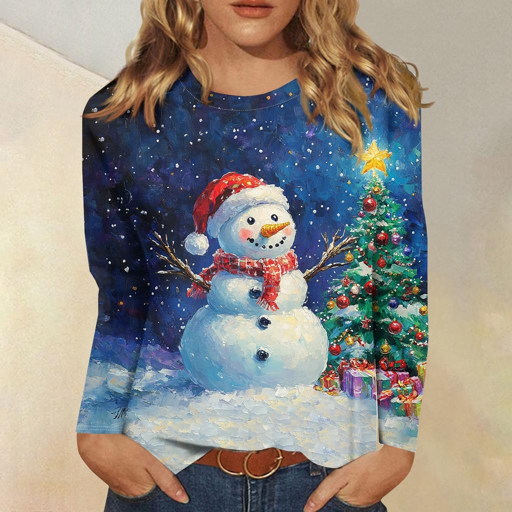 Женская модная повседневная футболка с круглым вырезом и длинным рукавом с принтом, топ