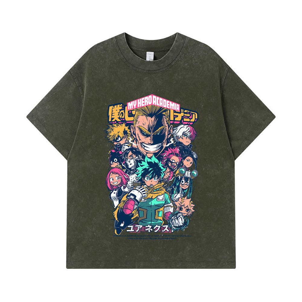 Стиранные футболки 275 г/м² 100% Хлопок My Hero Academia V6 Принт Унисекс Тяжелая хлопковая футболка