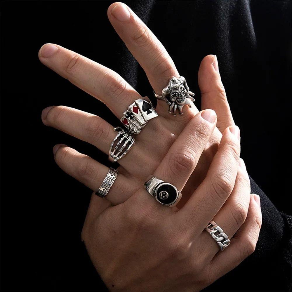 6 Pcs Alloy Silver Color Rings Retro Style Skull Spider Combination Ring Poker Rings Set Man