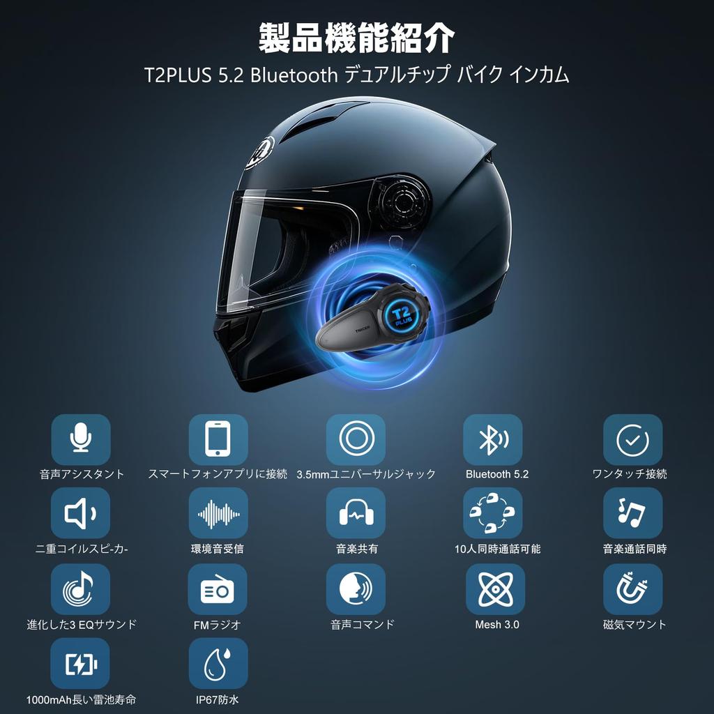2025 Upgraded TNICER T2PLUS Motorcycle Supports Simultaneous Mesh Bluetooth Supports Music and 1500m Communication Dedicated Music FM Custom Magnetic