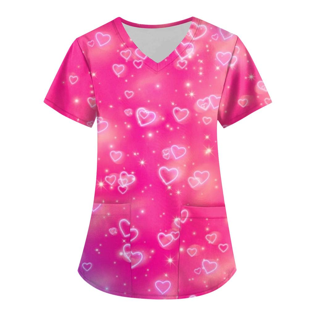 Женская мода, рабочая одежда с v-образным вырезом, короткими рукавами и карманами, топы с принтом ко Дню святого Валентина