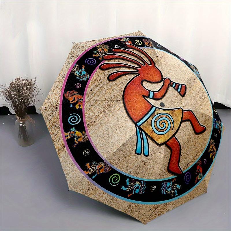 Kokopelli, Southwest Automatic Folding Umbrella 8 Ribs, Durable Iron Frame, Bright Color Pattern Compact Travel Umbrella, Suitable for Outd
