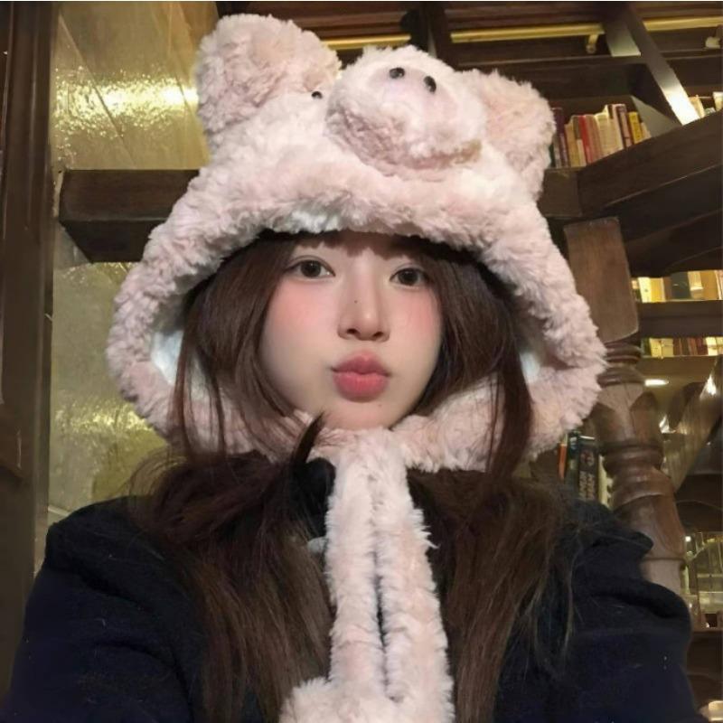 Plush Cartoon Cute Pig Shaped Autumn and Winter Warm and Cold Resistant Thick Protective Creative Fun Hat Practical and Warm