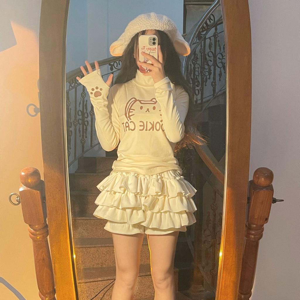 Kawaii Lolita Mini Skirt Women Elastic Japanese Korea Sweet Casual Skirt Female Ruffle Soft Plush Warm Cake Skirt Autumn Winter
