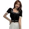 French Retro Square Neck Tee Knitted Short-Sleeved T-Shirt Women Summer Design Short Top