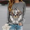 Топы для женщин с принтом волка и орла, круглый вырез, длинный рукав, футболка, осенний повседневный тонкий пуловер, женский топ с длинным рукавом
