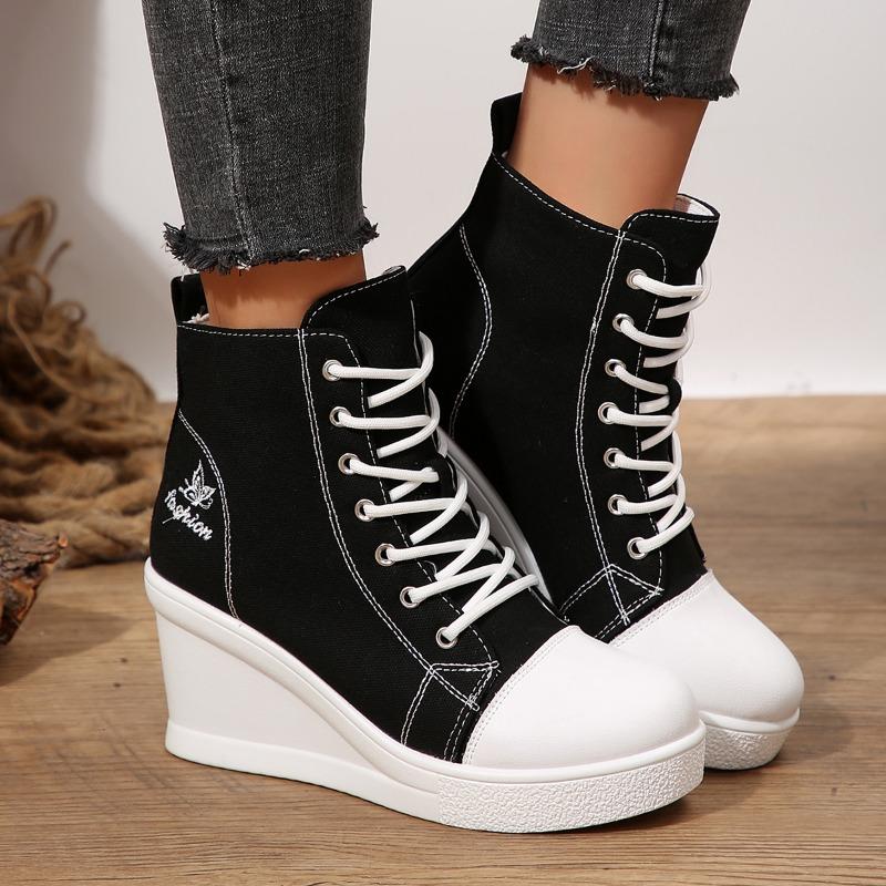 Canvas Ankle Boots Wedges High Heels Shoes Woman Rend Lace Up Spring New Fashion Leisure Pumps Walking Women's Boots Mujer Botas