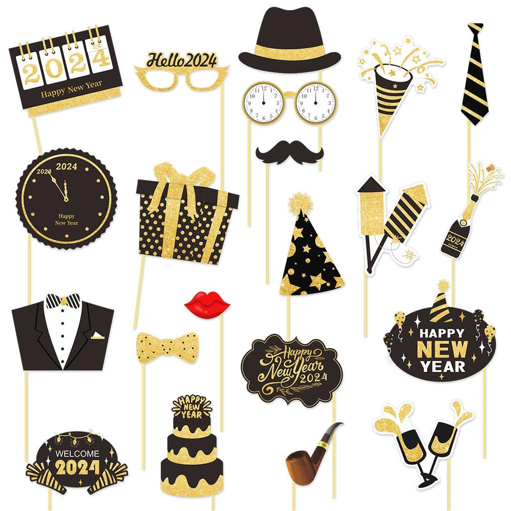 Happy New Years Eve Party 2024 New Year Party Photo Booth Props Kit - Party Decorations - 21 Count