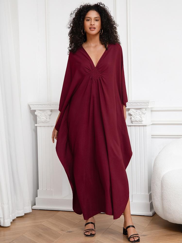 EDOLYNSA Wine Red Kaftan Women's Long Dress Pcaftan Lus size Moo Moo Dress Beach Wear Lounge wear House robe Outfit Q1306