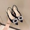 Beige Heeled Sandals Clear Shoes Women's Black Rhinestone Medium Pointed Closed New Spring Gladiator Block Girls