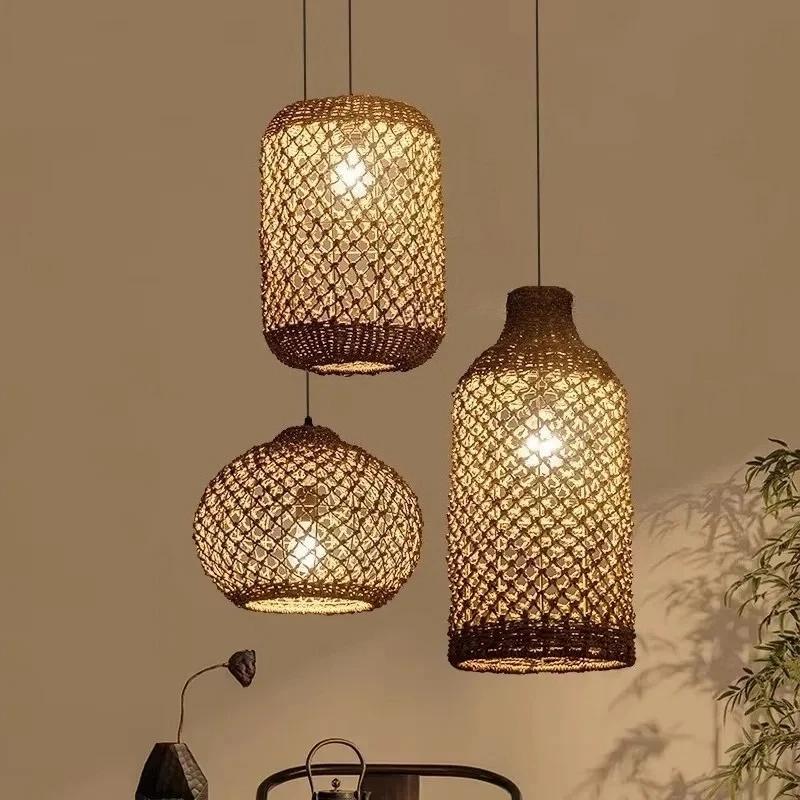 Retro Bamboo Woven Pendant Lamp Rattan Woven Room Dining Japanese Bamboo Art Lantern Tea House Lighting Fixtures