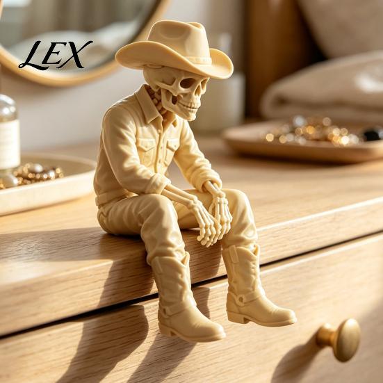 Sitting Cowboy Skull Statue 3D Printed Western Skeleton Figurine, Edge Vintage Ornament Sitter, West Style Desktop Shelf Decor for Home Office